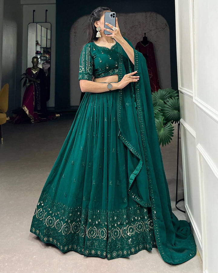 Designer Bottle Green Color Georgette Embroidered Lehenga Choli