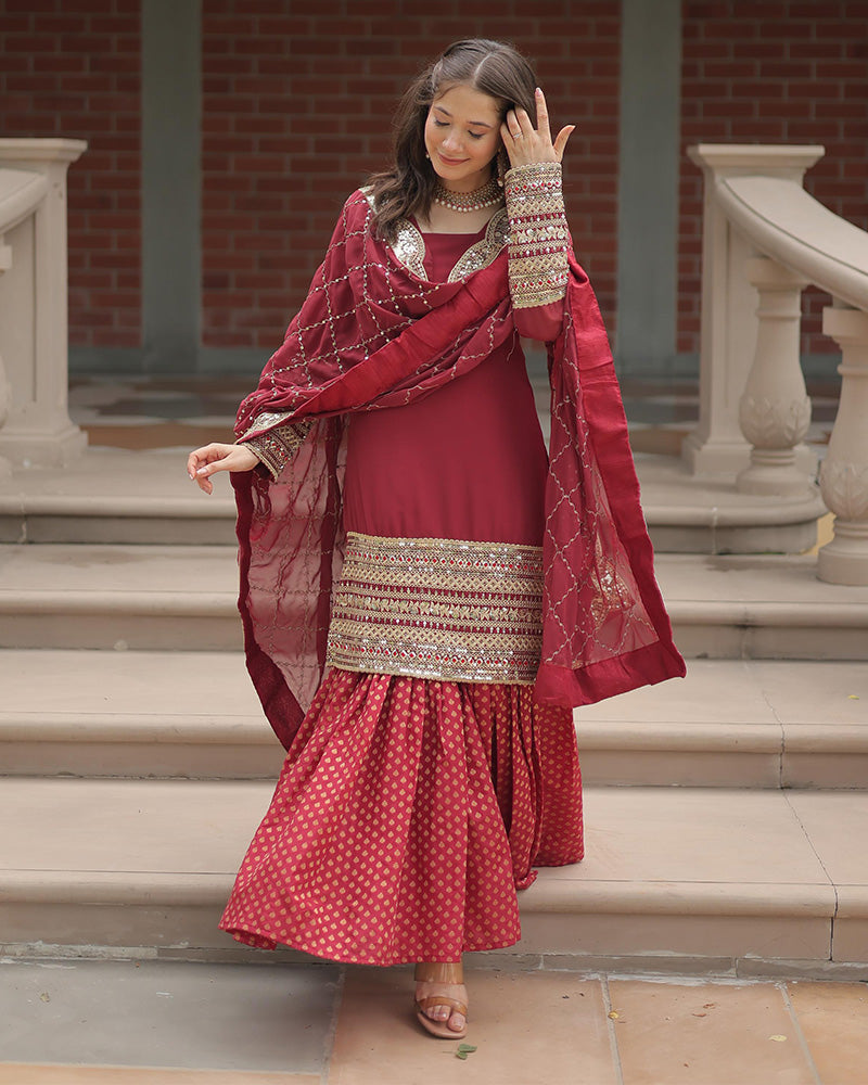 Maroon Color Jacquard And Georgette Three Piece Plazzo Suit