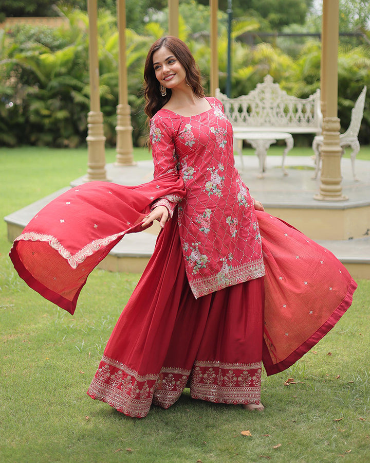 Rani Pink Color Chinnon Embroidered Three Piece Plazzo Suit