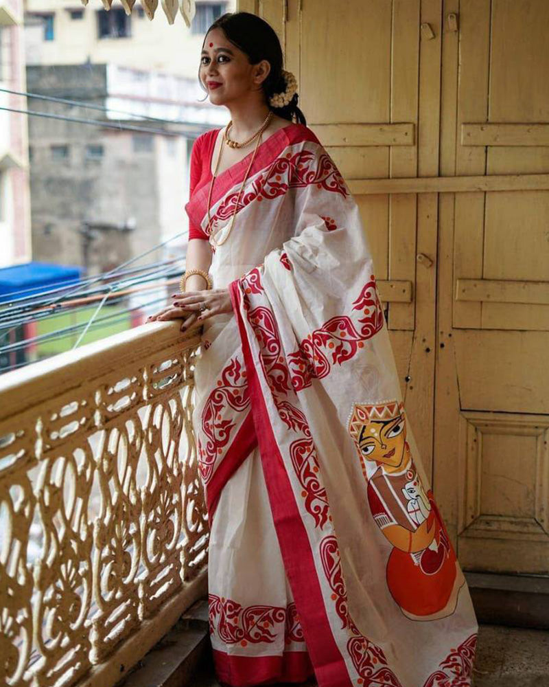 Designer White And Red Color Banarasi Saree