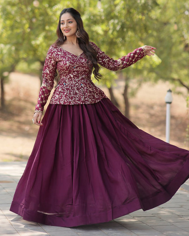 Designer Wine Color Vichitra Shimmer Crop Top Lehenga Choli