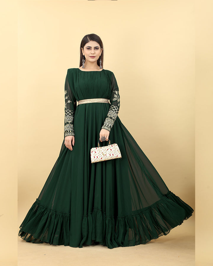 Beautiful Mehndi Color Georgette Embroidered Anarkali Gown