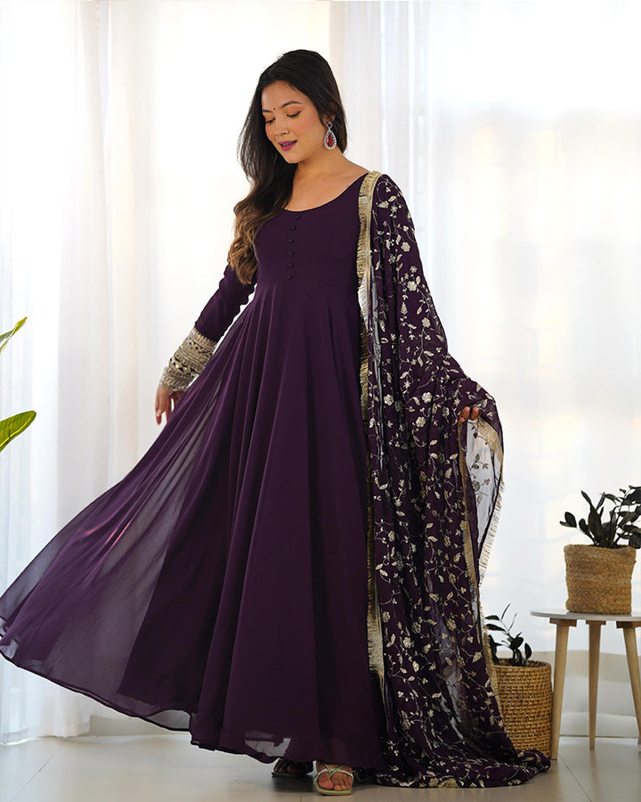 Wine Color Soft Georgette Anarkali With Heavy Dupatta Work