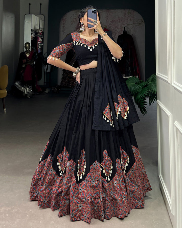 Black Color Cotton Printed Navratri Lehenga Choli