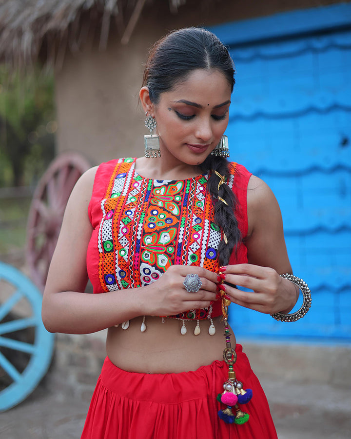 Red Color Rayon Frill And Embroidered Navratri Lehenga Choli