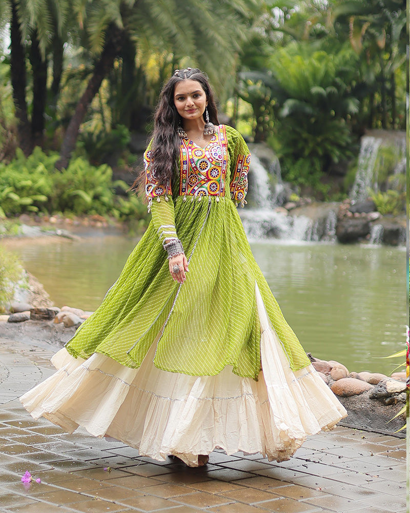 Parrot Green Color Kurti With Off-White Kora Cotton Lehenga