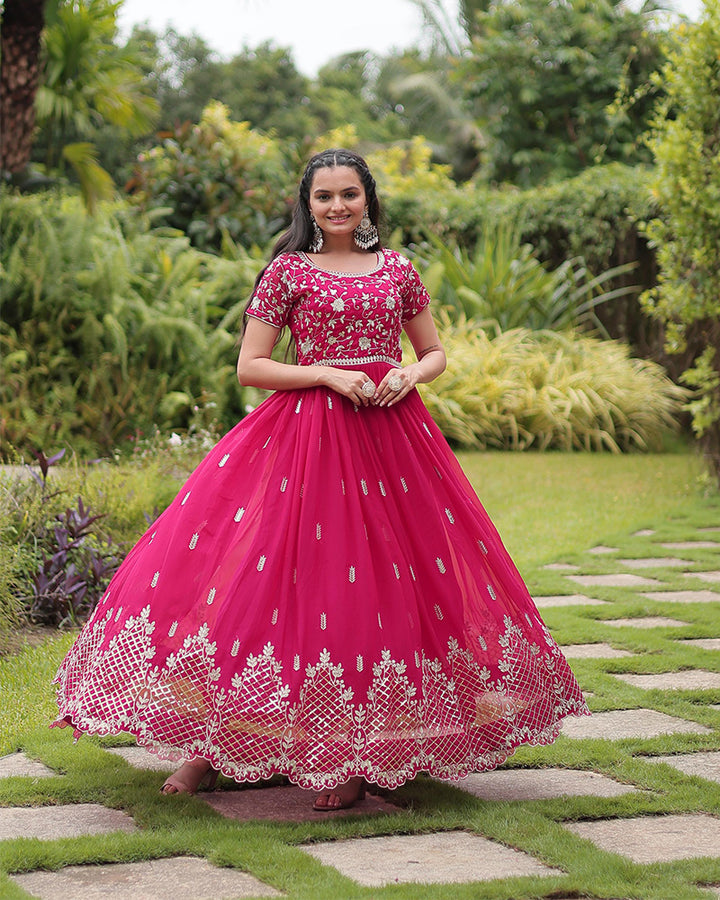 Beautiful Rani Color Zari Embroidered Anarkali Gown