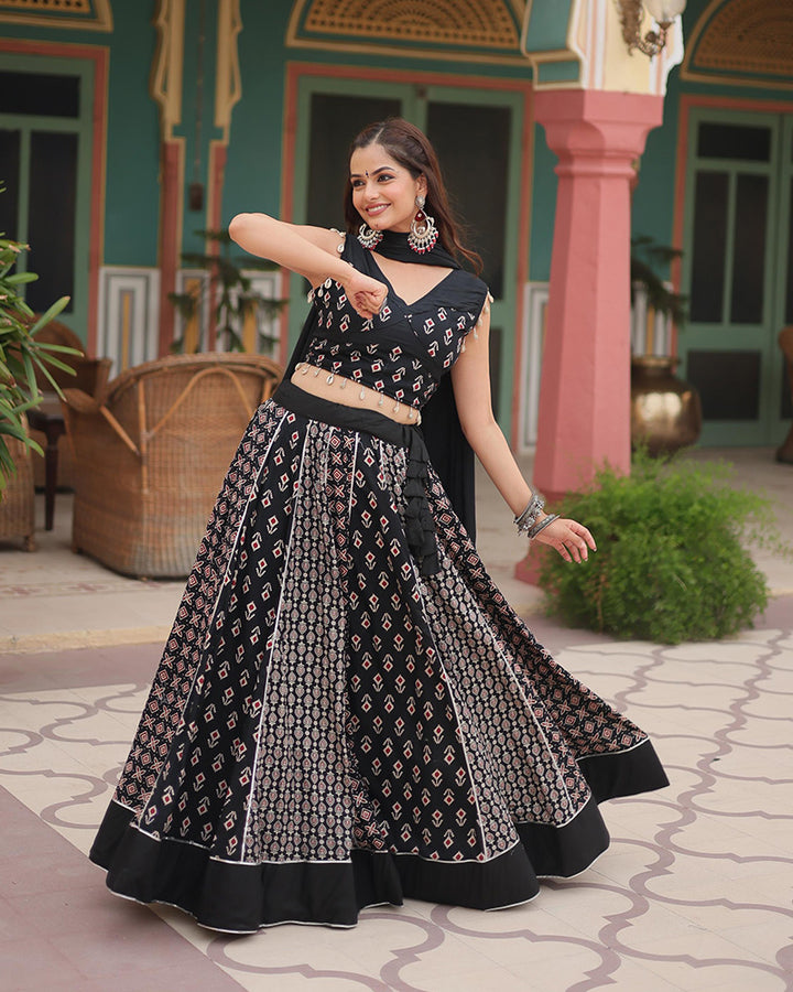 Navratri Wear Black Color Rayon Kali Pattern Printed Lehenga Choli