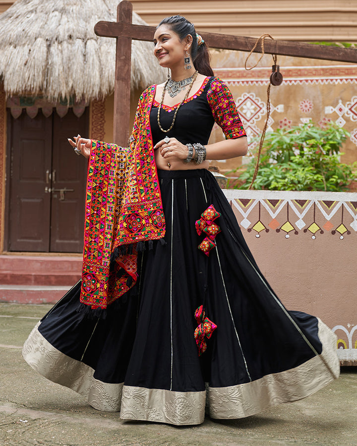 Black Color Viscose Rayon Fully Stitched Navratri Lehenga Choli