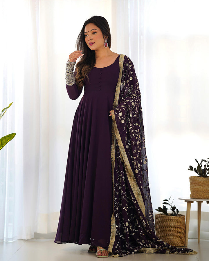 Wine Color Soft Georgette Anarkali With Heavy Dupatta Work