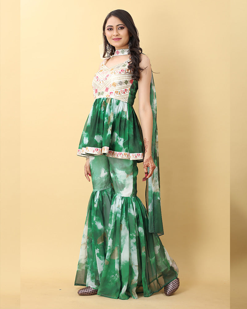 Green Color Faux Georgette Three Piece Sharara Suit