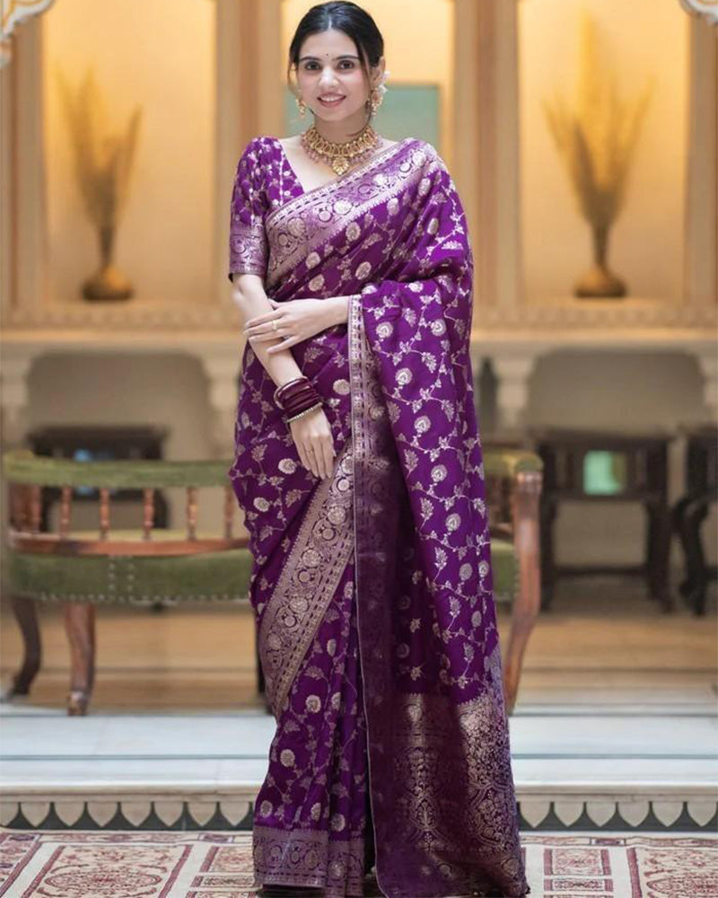 Designer Purple Color Zari Work Banarasi Silk Saree