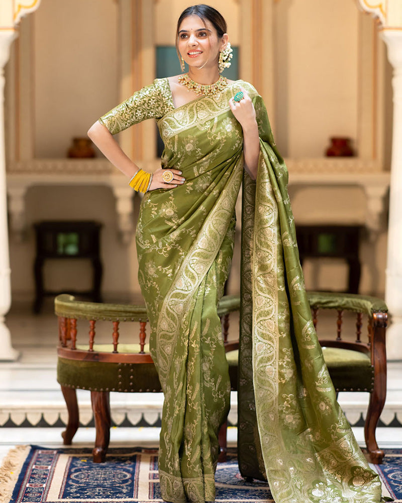 Designer Mehndi Color Jacquard Weaving Banarasi Silk Saree