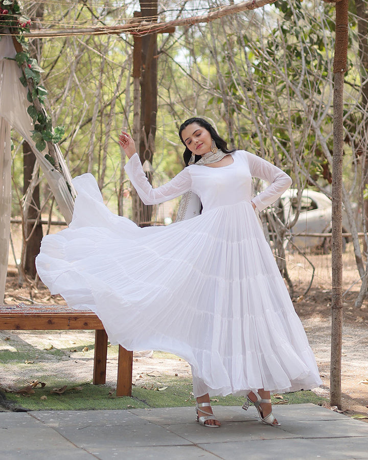 White Color Faux Blooming Gown With Embroidered Dupatta