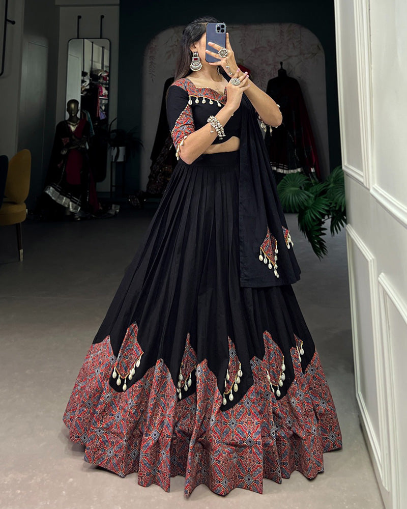 Black Color Cotton Printed Navratri Lehenga Choli