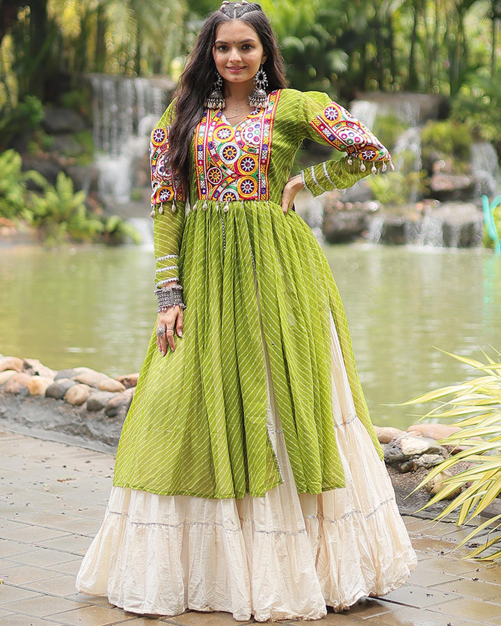 Parrot Green Color Kurti With Off-White Kora Cotton Lehenga