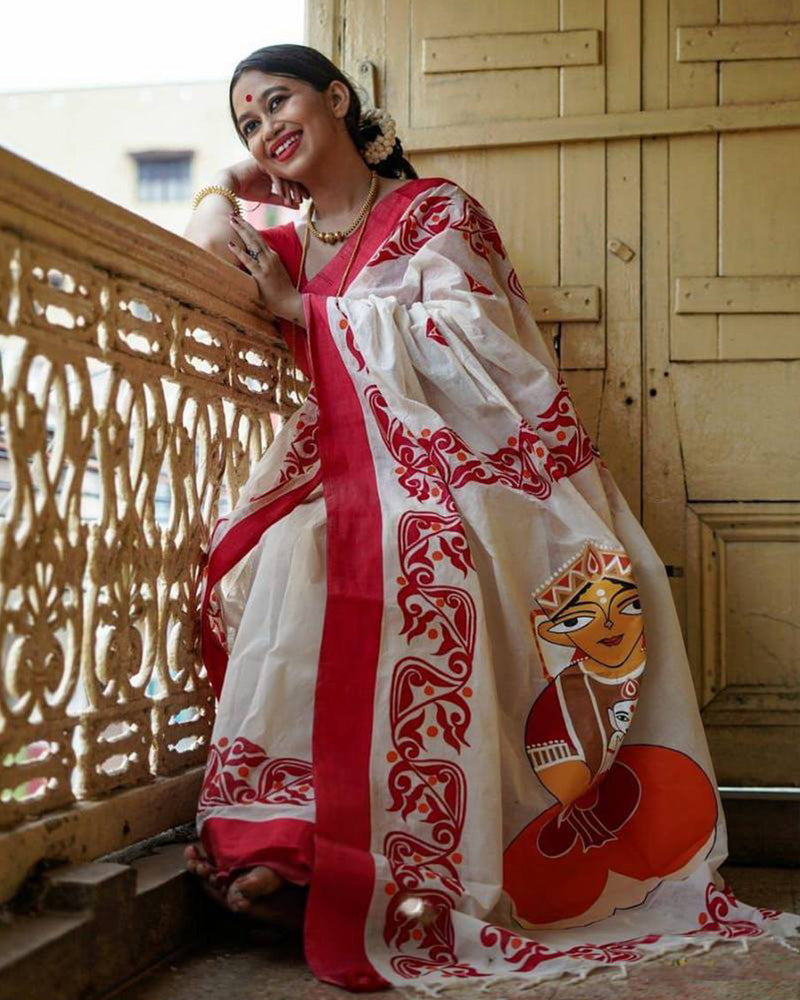 Designer White And Red Color Banarasi Saree