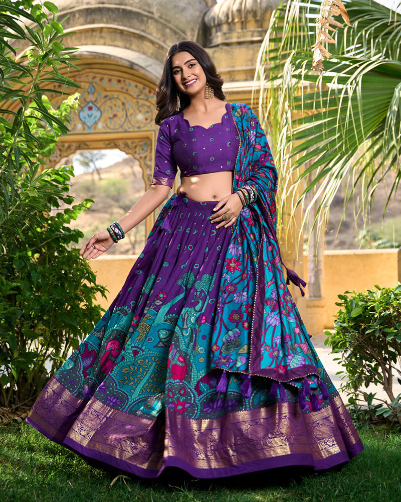 Kalamkari Print Purple Color Tussar Silk Lehenga Choli