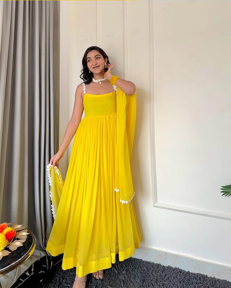 Haldi Special Yellow Color Faux Georgette Gown With Dupatta