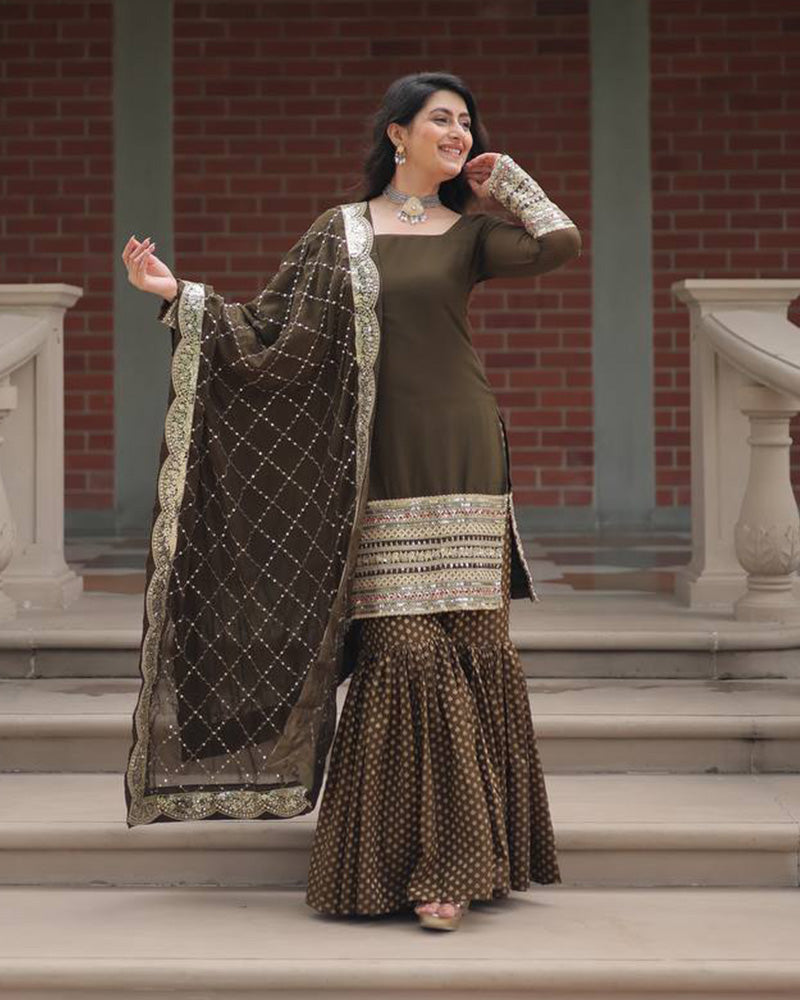 Mehndi Color Jacquard And Georgette Three Piece Plazzo Suit