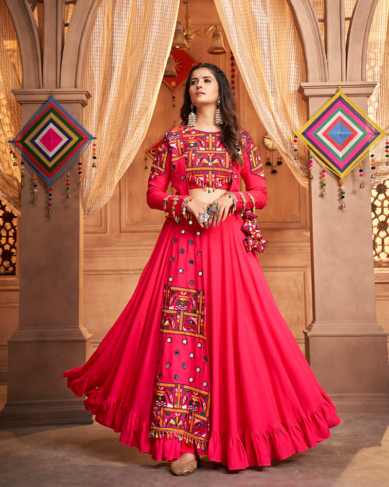 Rani Pink Color Viscose Rayon Frill And Real Mirror Work Navratri Lehenga Choli