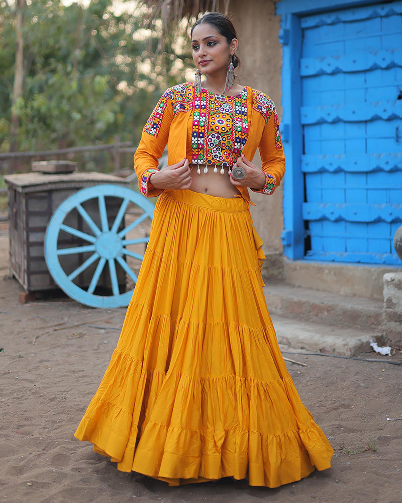 Mustard Color Rayon Frill And Embroidered Navratri Lehenga Choli