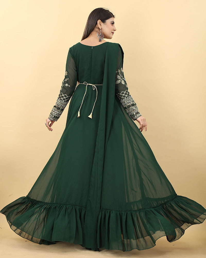 Beautiful Mehndi Color Georgette Embroidered Anarkali Gown