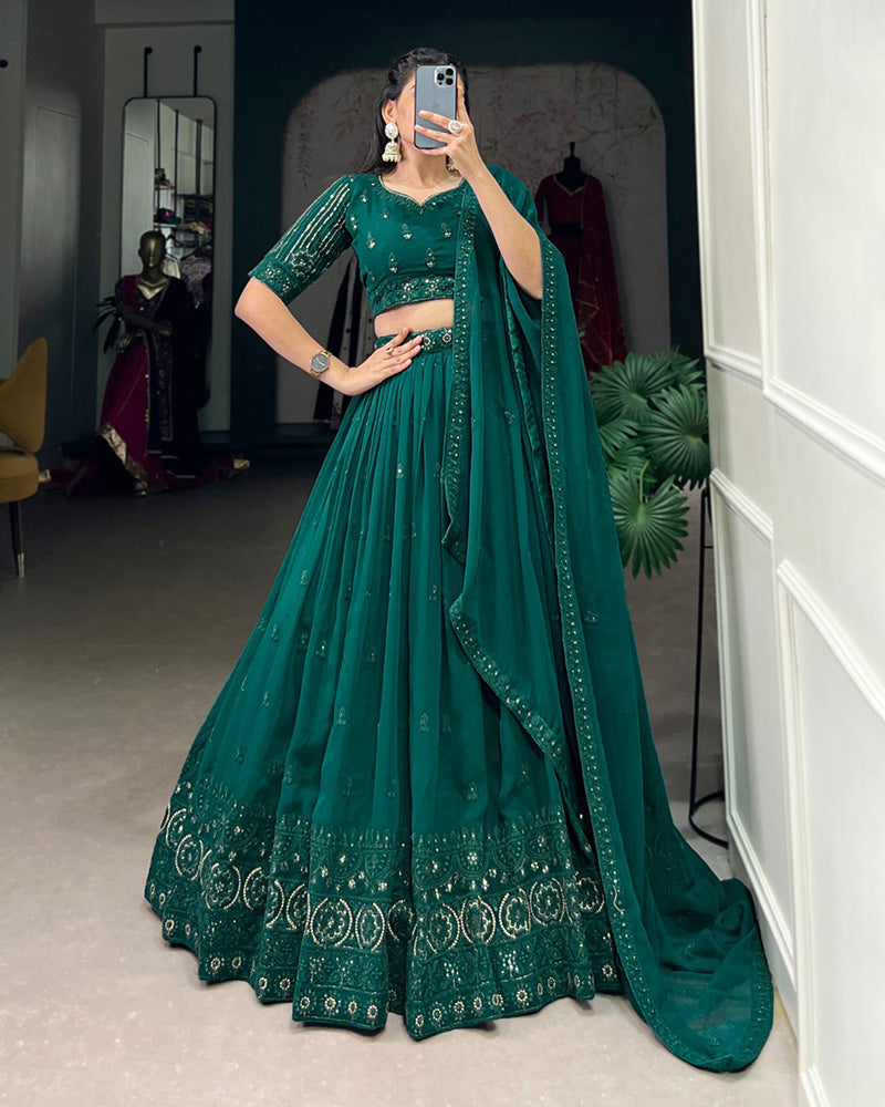 Designer Bottle Green Color Georgette Embroidered Lehenga Choli