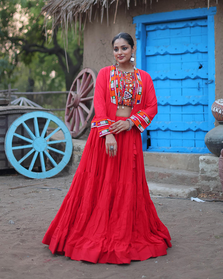 Red Color Rayon Frill And Embroidered Navratri Lehenga Choli