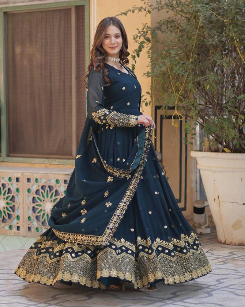 Designer Peacock Color Gown With Sequence Embroidered Dupatta