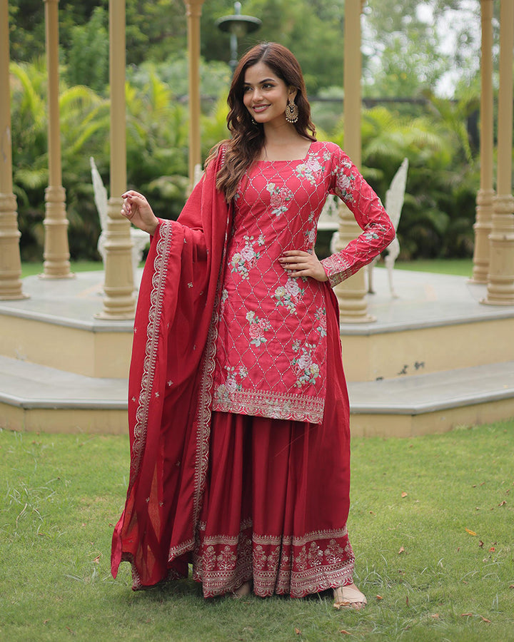 Rani Pink Color Chinnon Embroidered Three Piece Plazzo Suit