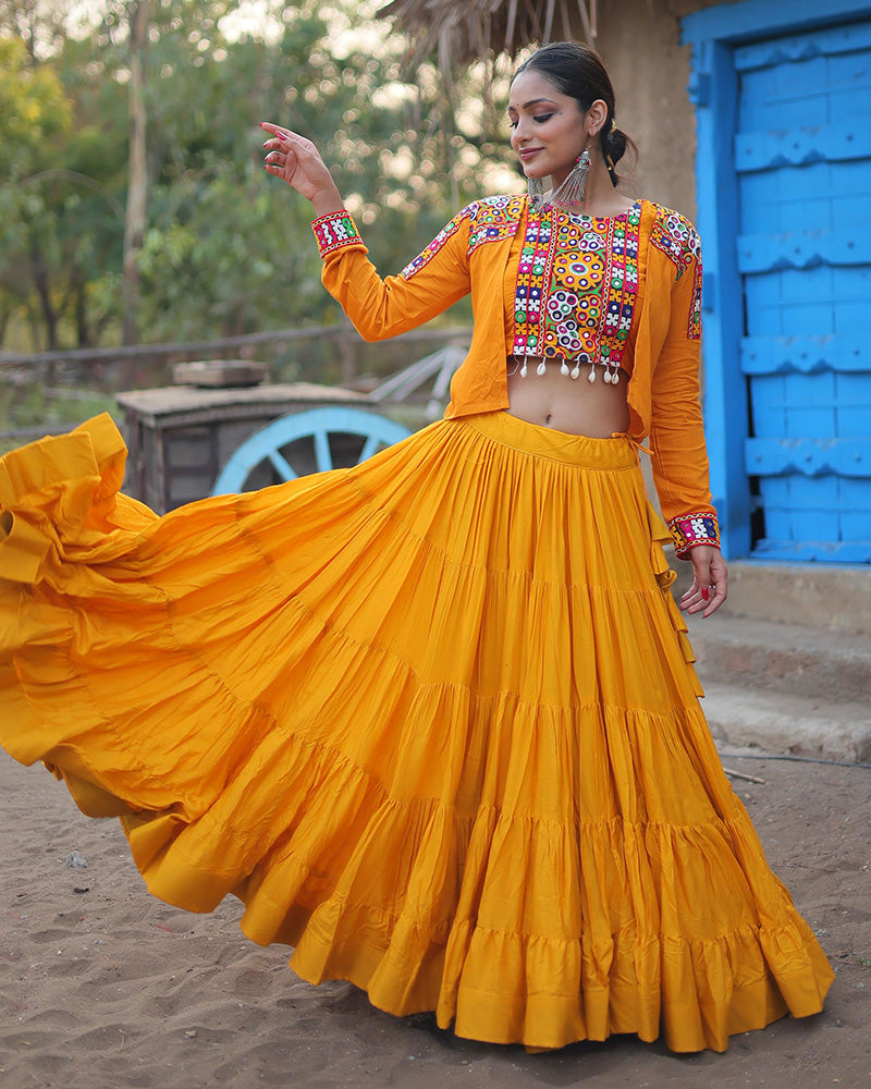 Mustard Color Rayon Frill And Embroidered Navratri Lehenga Choli