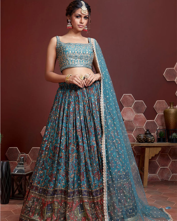 Sky Blue Chinon Silk Real Mirror Designer Lehenga Choli