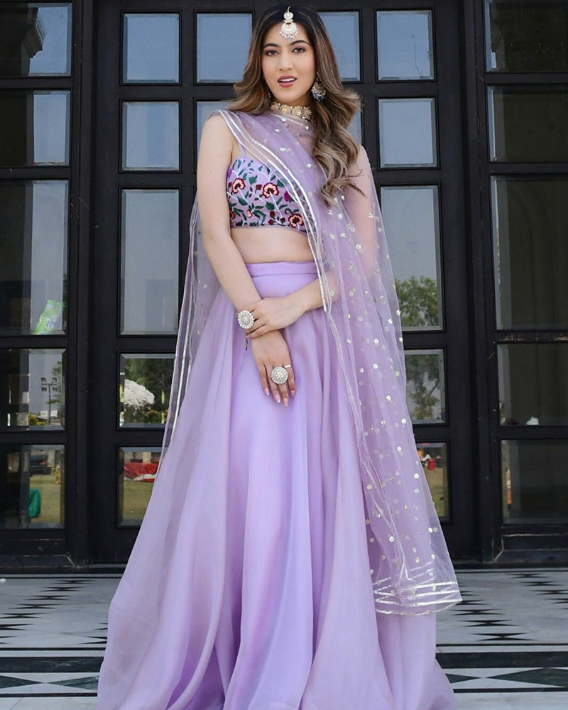 Lavender Color Organza Net Embroidered Lehenga Choli