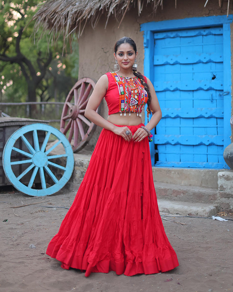 Red Color Rayon Frill And Embroidered Navratri Lehenga Choli