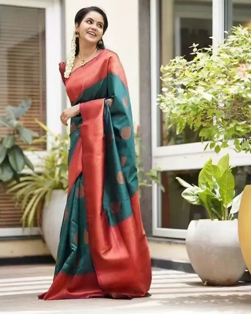 Designer Rama Color Jacquard Banarasi Silk Saree