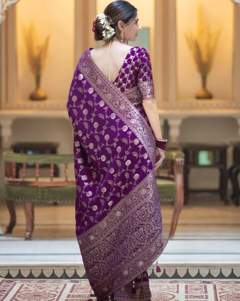 Designer Purple Color Zari Work Banarasi Silk Saree