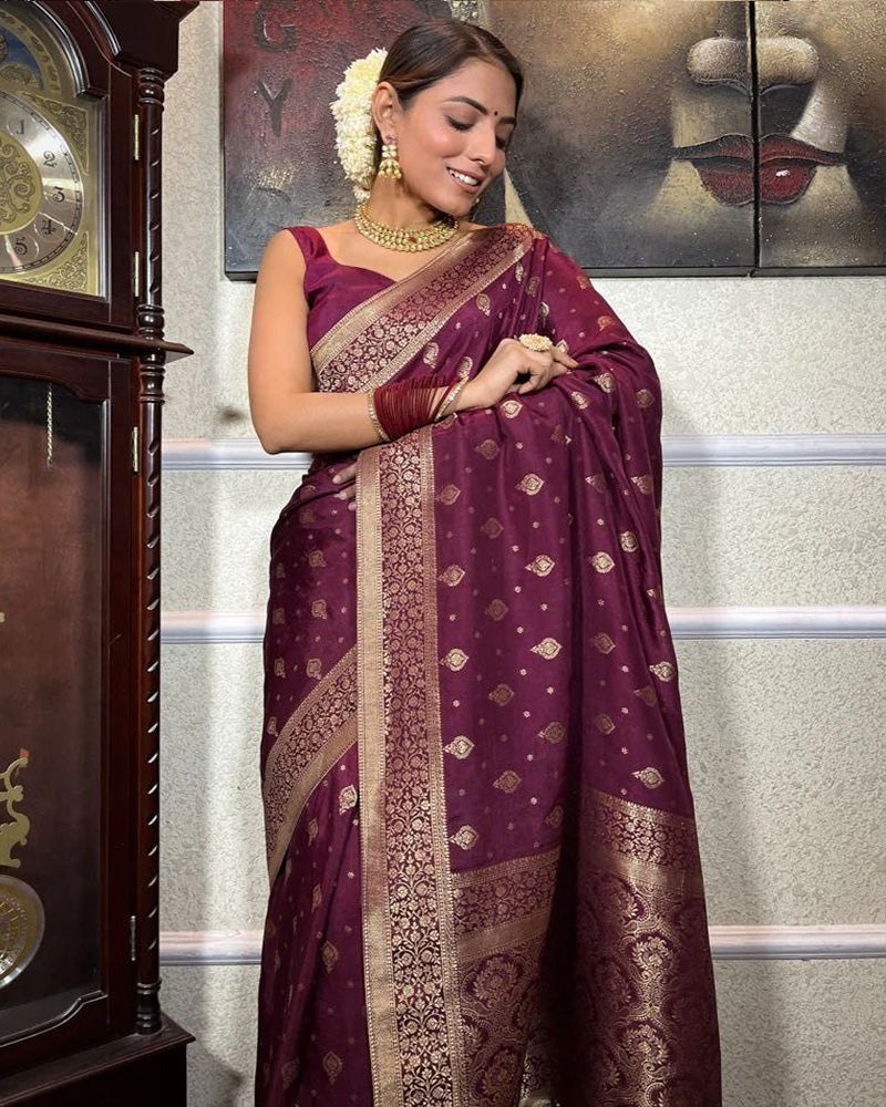 Wine Color Rich Pallu Design Banarasi Soft Silk Saree