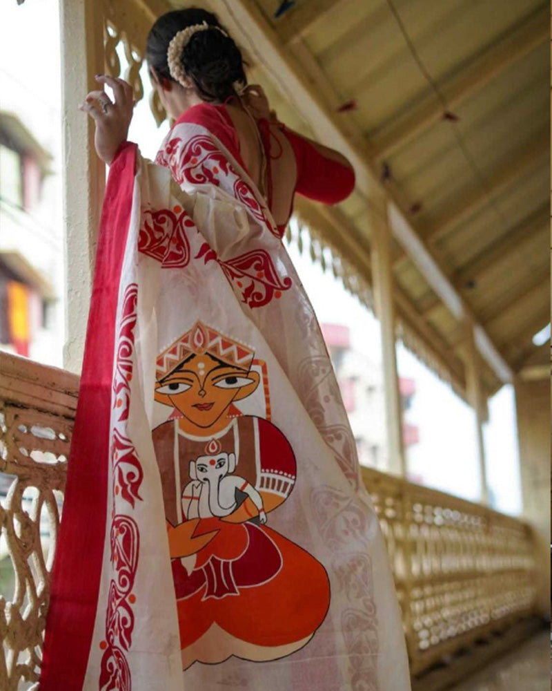 Designer White And Red Color Banarasi Saree