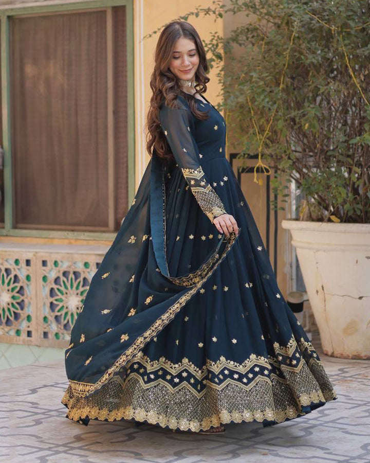 Designer Peacock Color Gown With Sequence Embroidered Dupatta