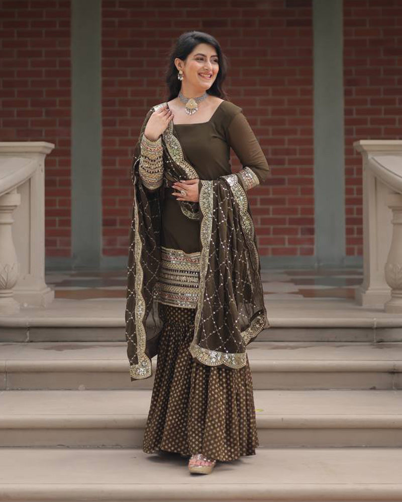 Mehndi Color Jacquard And Georgette Three Piece Plazzo Suit