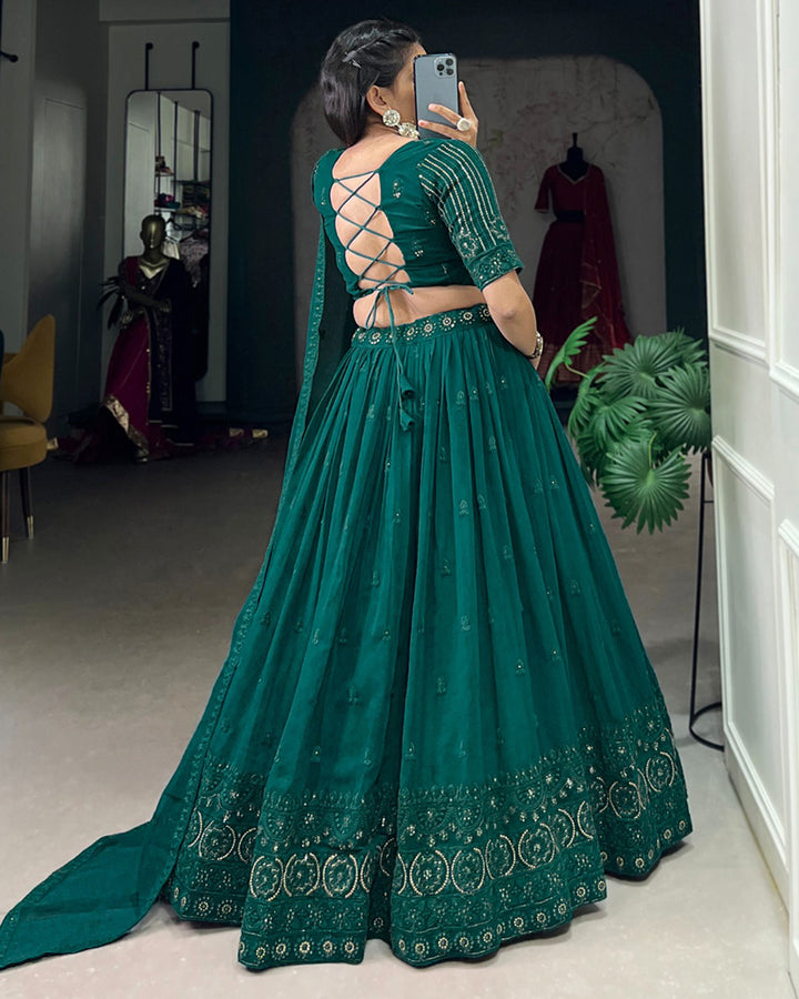 Designer Bottle Green Color Georgette Embroidered Lehenga Choli