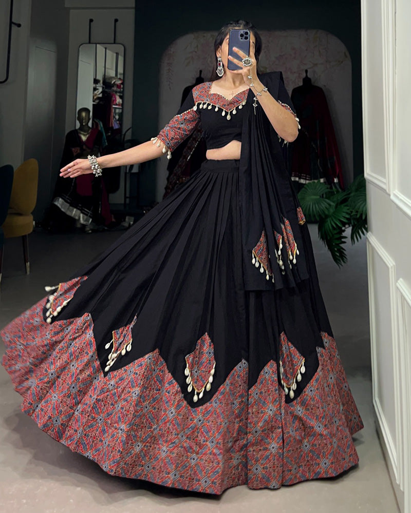 Black Color Cotton Printed Navratri Lehenga Choli