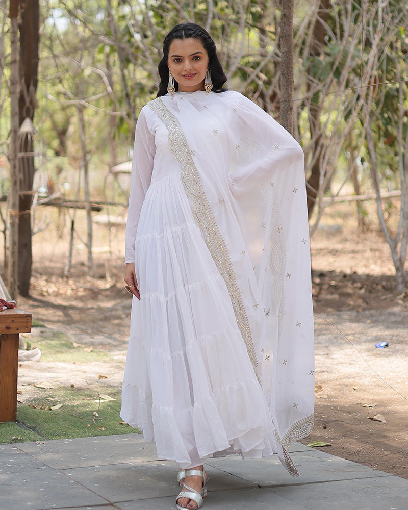 White Color Faux Blooming Gown With Embroidered Dupatta