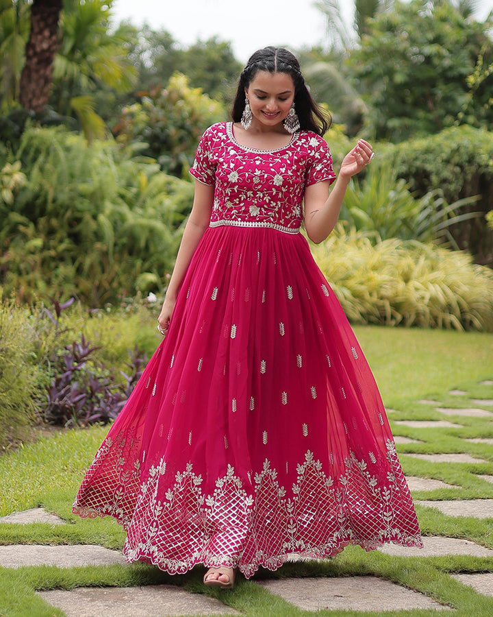 Beautiful Rani Color Zari Embroidered Anarkali Gown