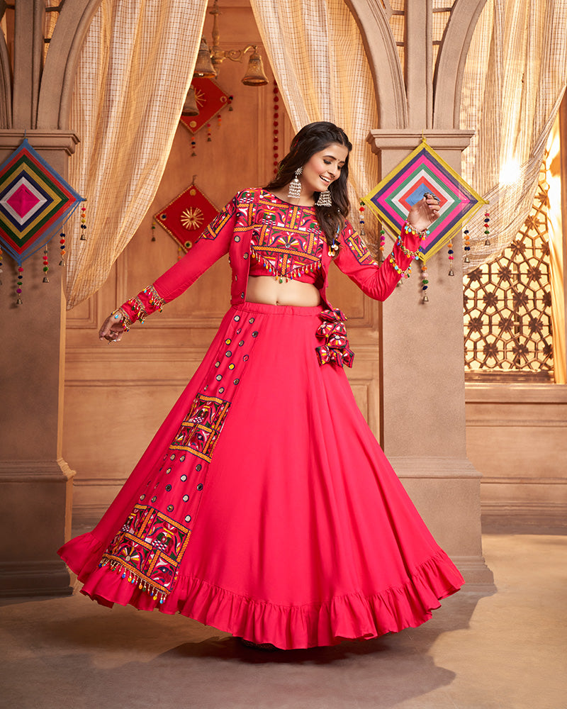 Rani Pink Color Viscose Rayon Frill And Real Mirror Work Navratri Lehenga Choli