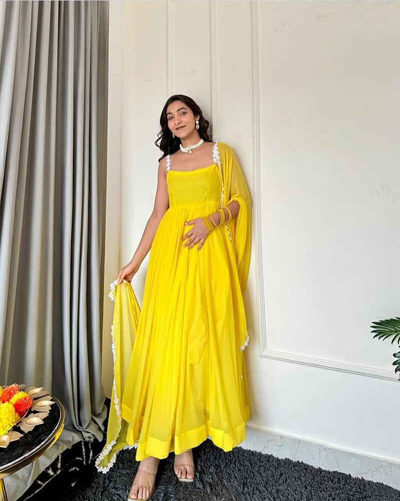 Haldi Special Yellow Color Faux Georgette Gown With Dupatta