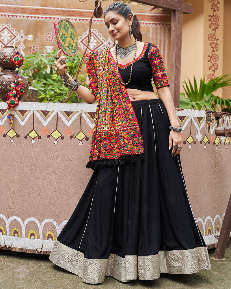 Black Color Viscose Rayon Fully Stitched Navratri Lehenga Choli