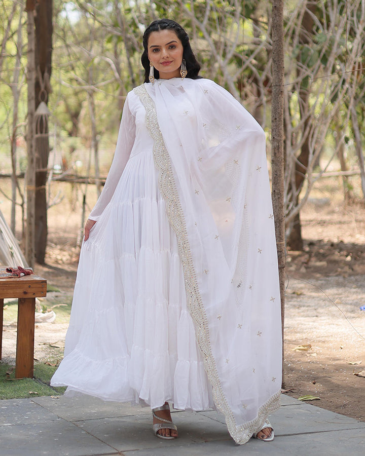 White Color Faux Blooming Gown With Embroidered Dupatta