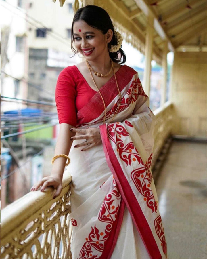 Designer White And Red Color Banarasi Saree